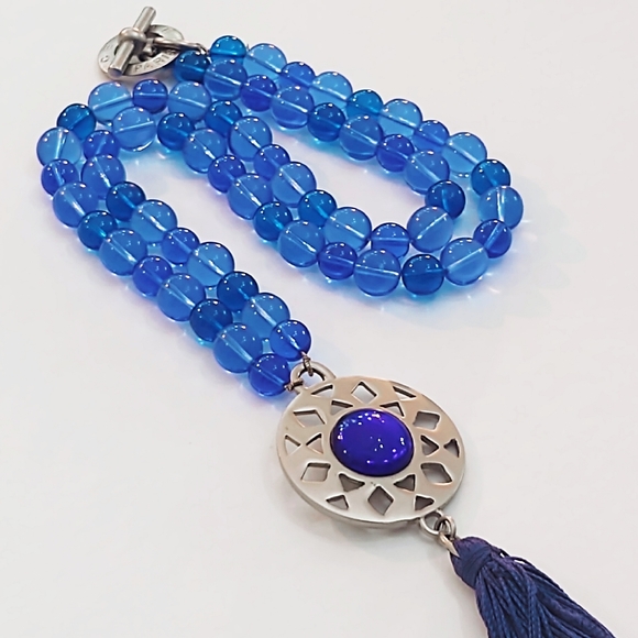 Vintage Celine Paris Oversized Blue Glass Bead & Gripoix Silver Necklace